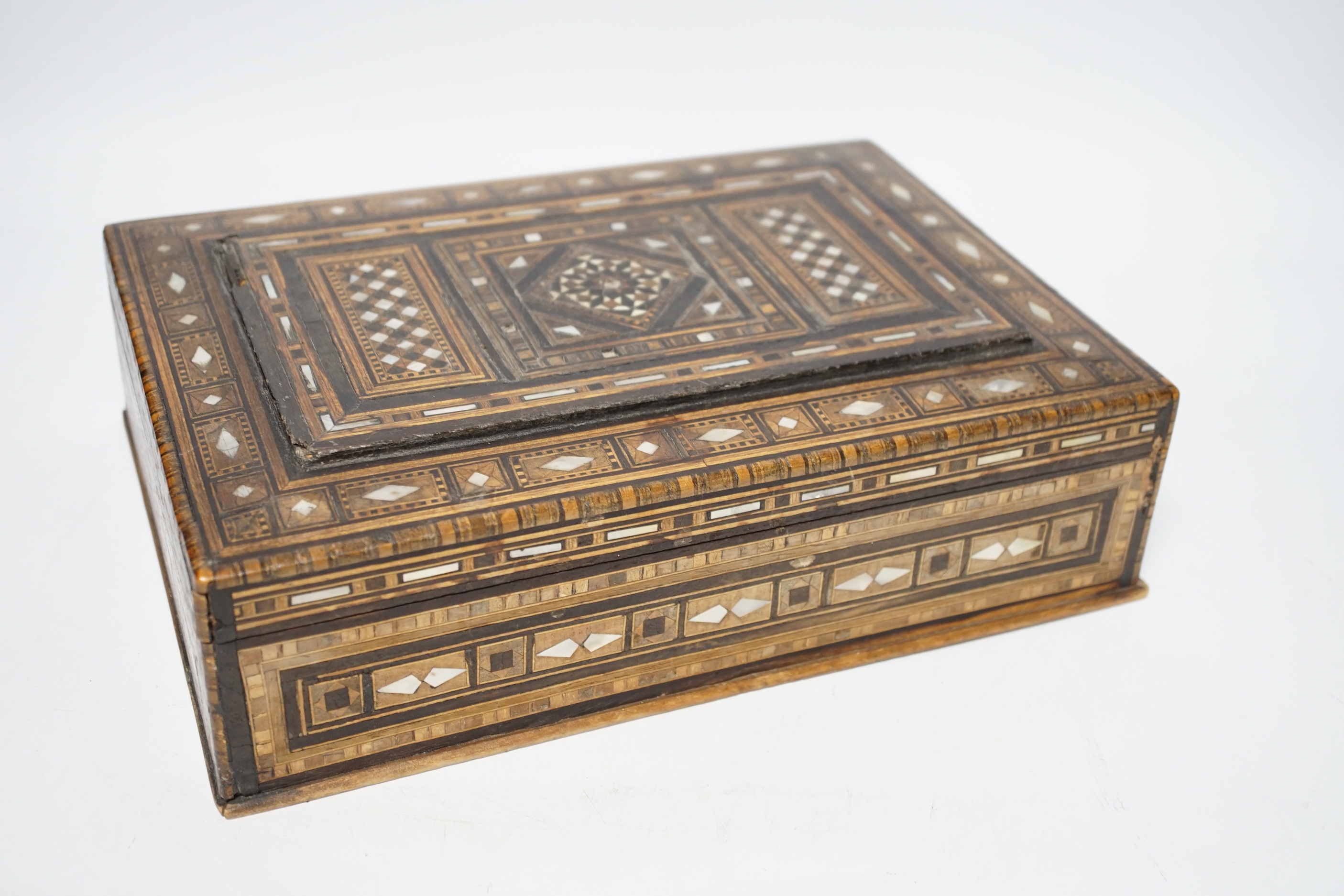 Two Damascus ware mother-of-pearl inlaid boxes, largest 29cm